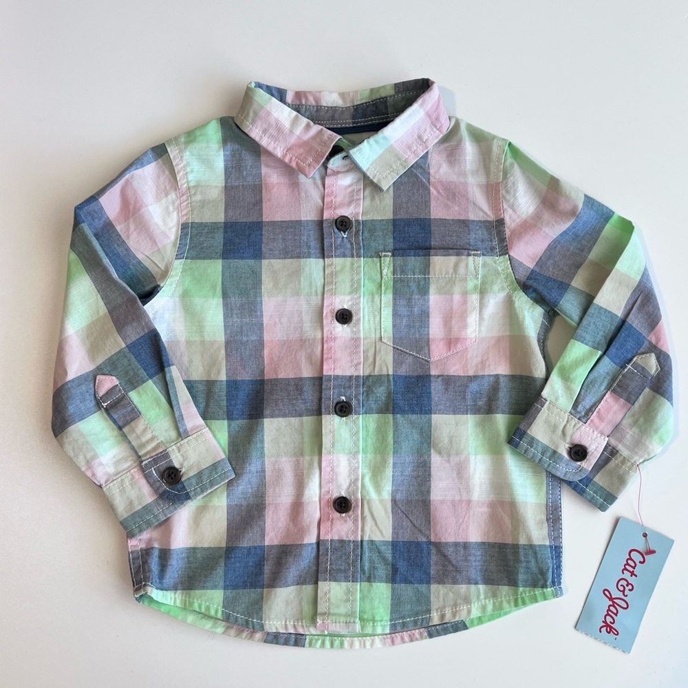 Cat & Jack Easter Spring Button up shirt, green blue pink plaid. 18 Months